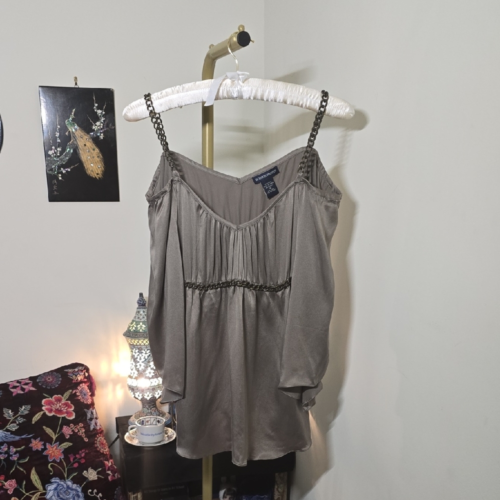 Boston Proper Taupe/grey 100% Silk Cold Shoulder Blouse with Chain Detail